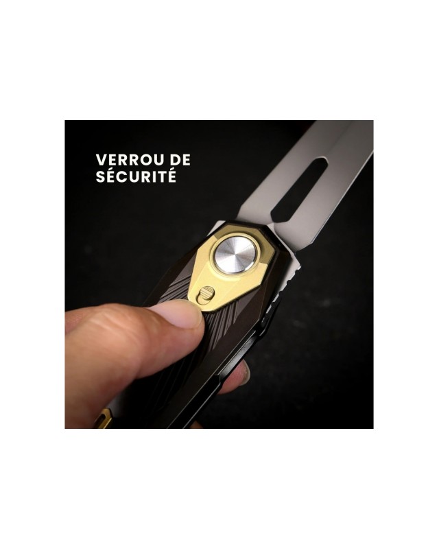 Remette Infinite Power  M390 steel stonewash finish blade black and gold titanium handle Dagger blade Swiss Legal