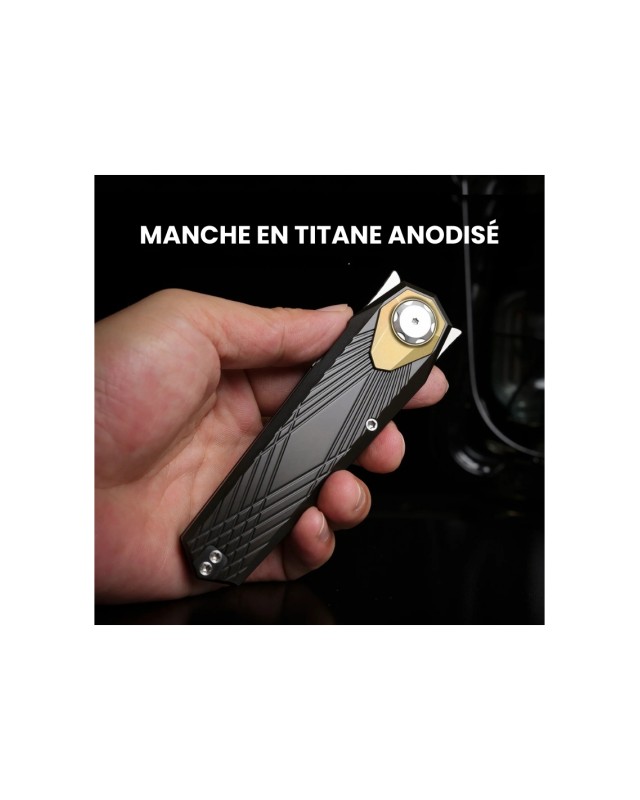 Remette Infinite Power  M390 steel stonewash finish blade black and gold titanium handle Dagger blade Swiss Legal