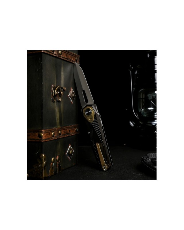 Remette Infinite Power  M390 steel stonewash finish blade black and gold titanium handle Dagger blade Swiss Legal