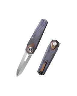 Remette Infinite Power  M390 steel stonewash finish blade grey and gold titanium handle Dagger blade Swiss Legal