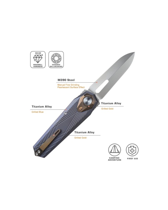 Remette Infinite Power  M390 steel stonewash finish blade grey and gold titanium handle Dagger blade Swiss Legal