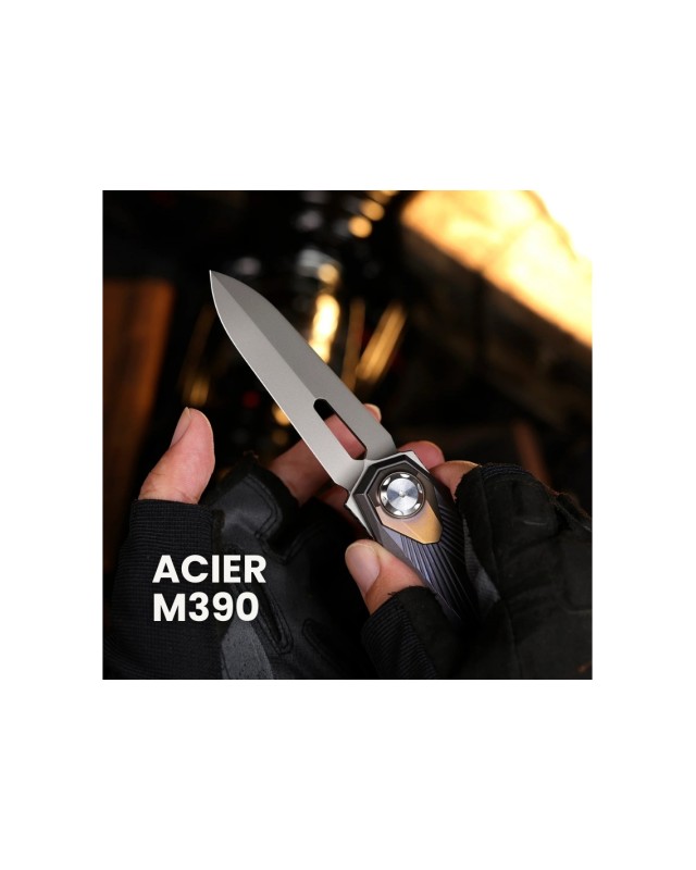 Remette Infinite Power  M390 steel stonewash finish blade grey and gold titanium handle Dagger blade Swiss Legal