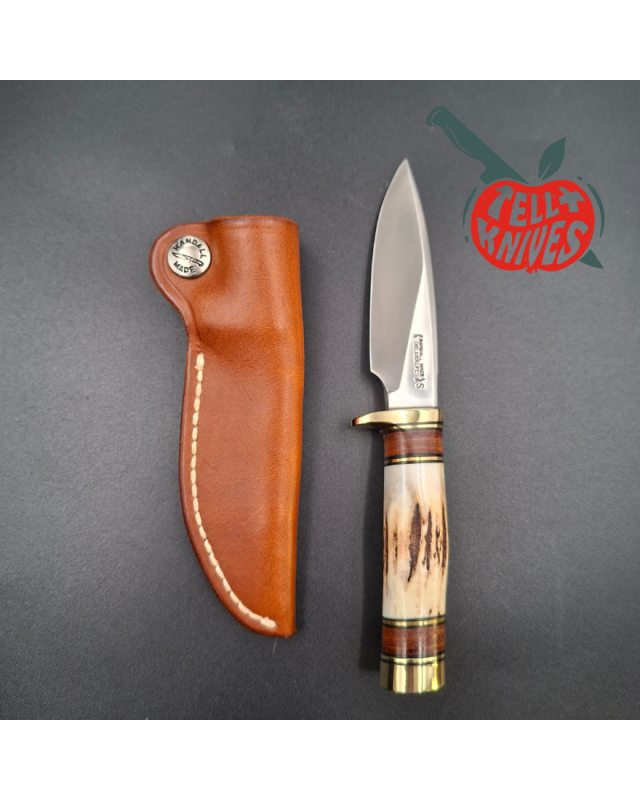 Randall Made Knives 1996 Model Mini 25 forged stainless steel stag handle brass guard brown leather sheath