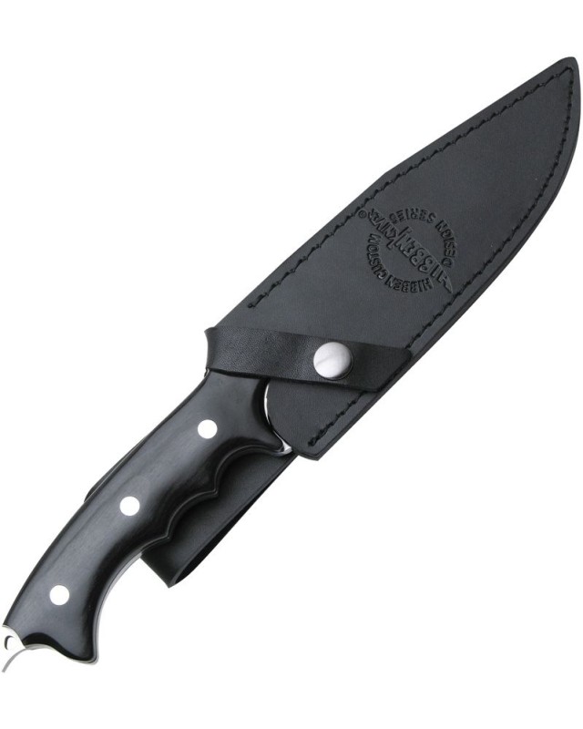Hibben Legacy Combat Bowie full tang fixed stainless steel blade knife black wood handle black leather sheath