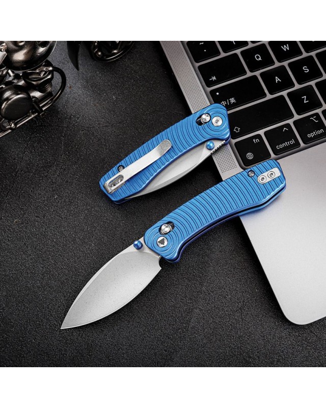 Trivisa Koala folding knife N690 stainless steel blade satin finish Crossbar Lock blue aluminium handle