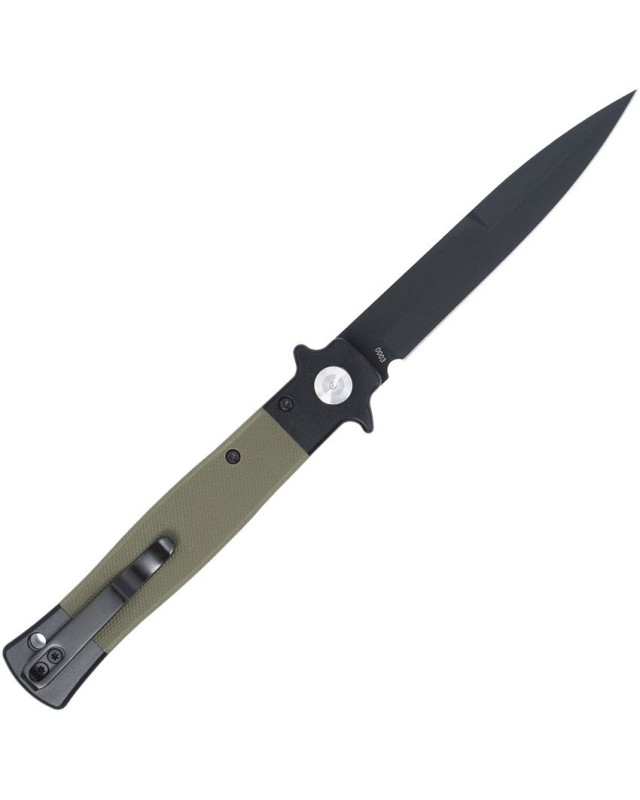 Cobratec Knives Stiletto VG-10 steel black finish Button Lock Black OD Green G10 handle Switzerland Legal