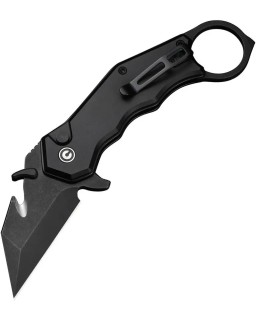 Civivi Amaroq Karambit Nitro-V stainless steel blackwash finish blade Button Lock Black Aluminium handle finger ring