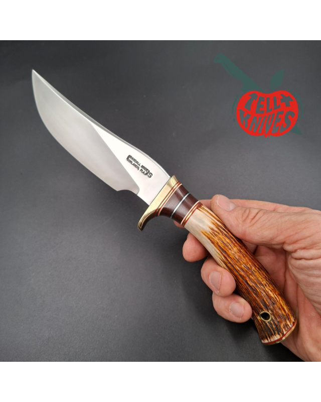 Randall Made Knives Model 27 Trailblazer forged stainless steel stag handle brass guard and pommel brown leather sheath