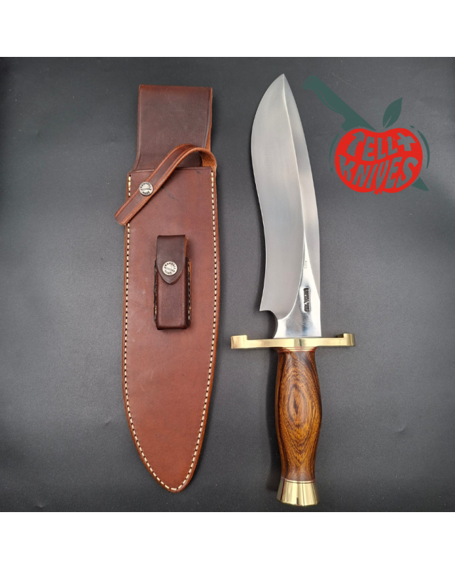 Randall Made Knives Model Sasquatch Large forged carbon steel ironwood handle brass guard and pommel brown leather sheath