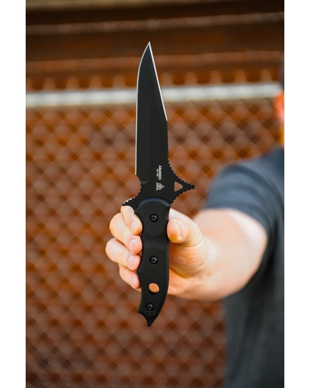 TOPS Knives Abaniko Fixed Blade Full Tang 1095HC steel black traction coated blade black G10 kydex sheath Bram Frank FMA