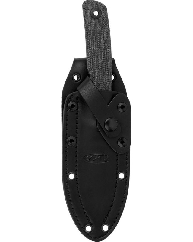 ZT Model 0004 fixed blade full tang CPM-CruWear steel black Cerakote finish black micarta handle black leather sheath