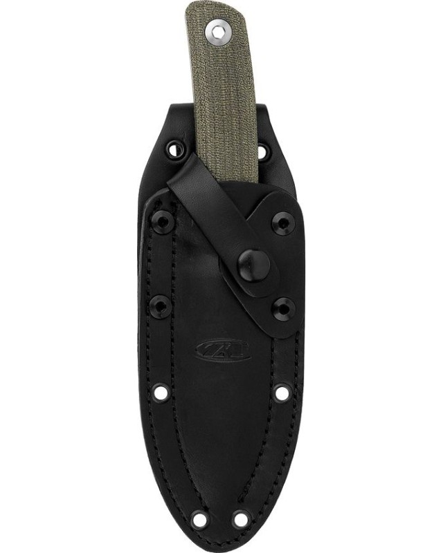 ZT Model 0004 fixed blade full tang CPM-CruWear steel black Cerakote finish olive canva micarta handle black leather she