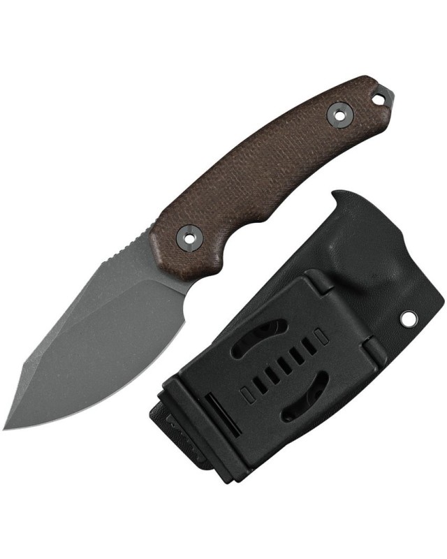 Kunwu Knives Stiffy D Fixed Blade Vanadis 4 steel stonewash finish Brown burlap micarta handle black kydex sheath
