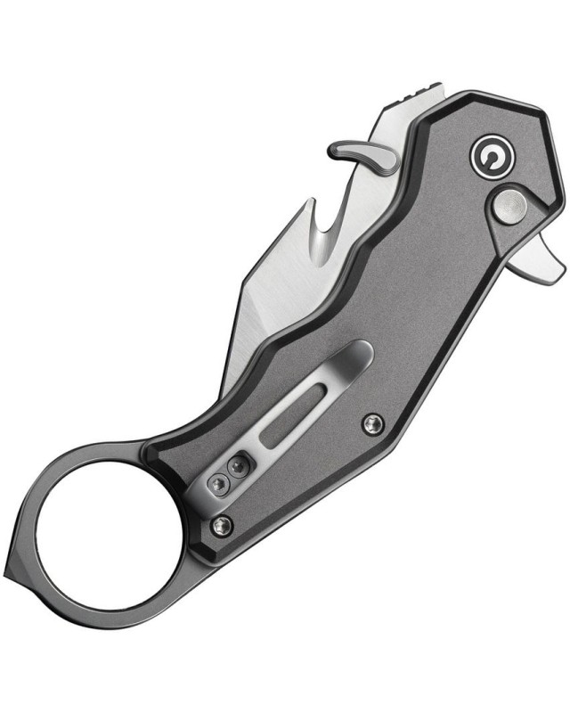Civivi Amaroq Karambit Nitro-V stainless steel stonewash finish blade Button Lock Gray Aluminium handle finger ring