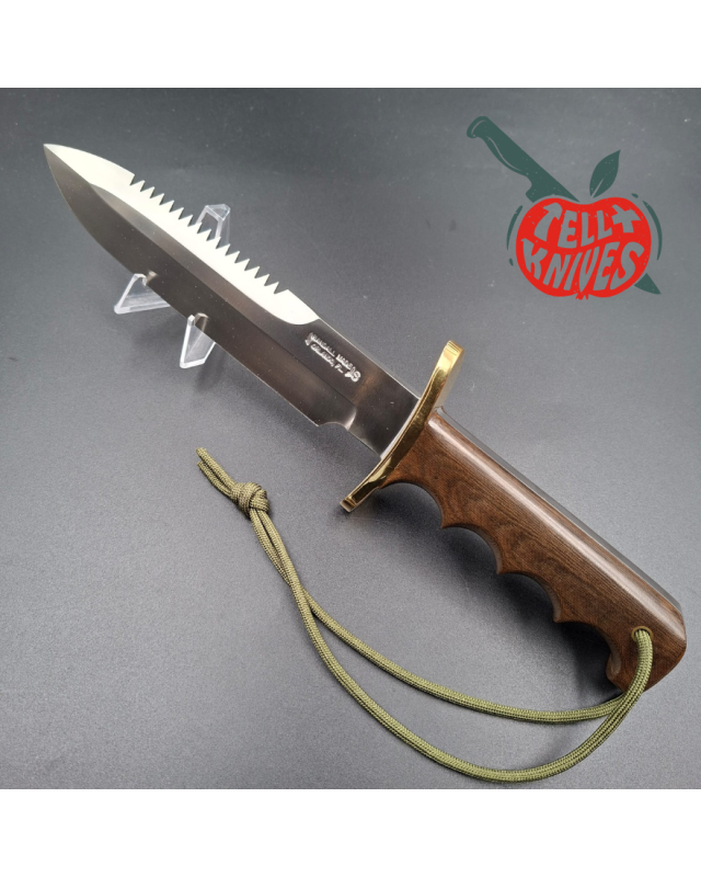 Randall Made Knives Model 14 - 7.5 full tang forged stainless steel sawteeth brass guard brown micarta handle waxed brow