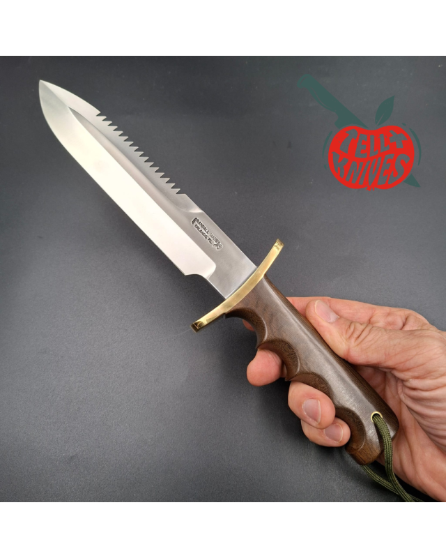 Randall Made Knives Model 14 - 7.5 full tang forged stainless steel sawteeth brass guard brown micarta handle waxed brow