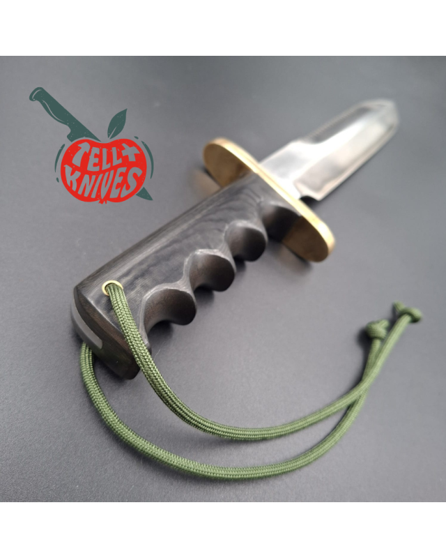 Randall Made Knives 1998 Model 14 - 7.5 full tang forged stainless steel sawteeth brass guard green micarta handle brown