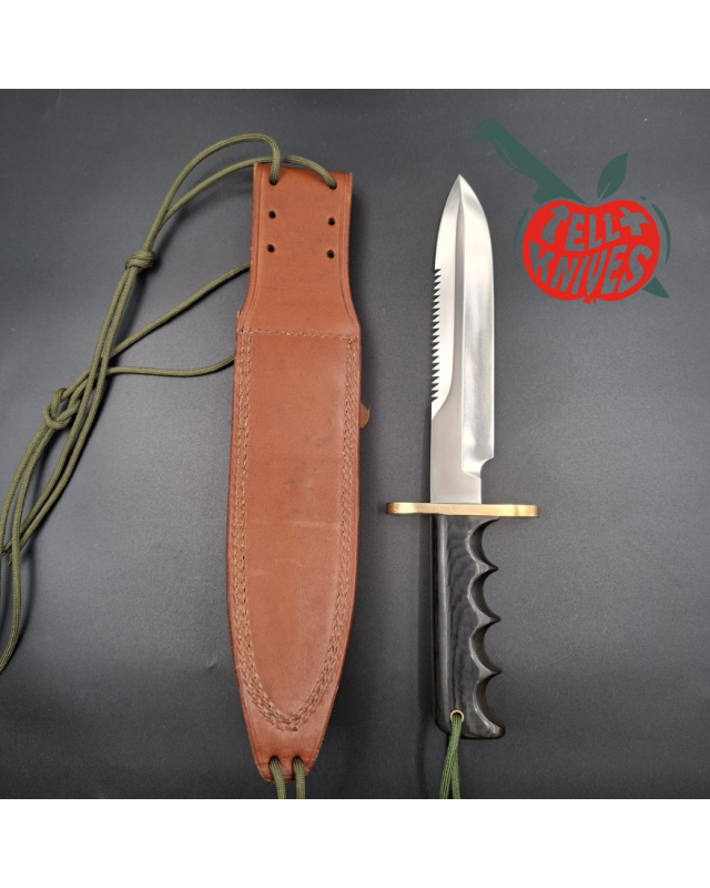 Randall Made Knives 1998 Model 14 - 7.5 full tang forged stainless steel sawteeth brass guard green micarta handle brown