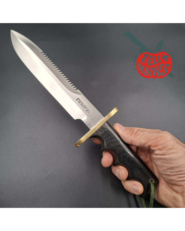 Randall Made Knives 1998 Model 14 - 7.5 full tang forged stainless steel sawteeth brass guard green micarta handle brown