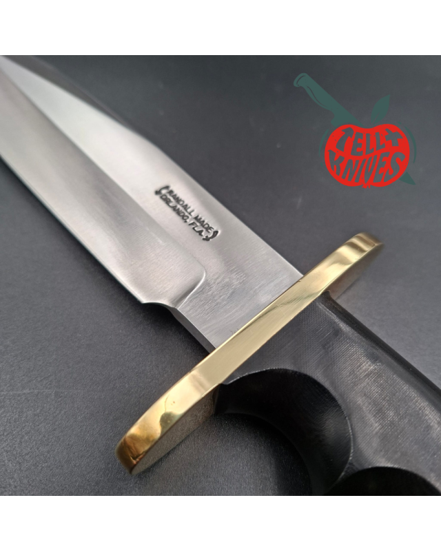 Randall Made Knives 1999 Model 14 - 7.5 full tang forged carbon steel brass guard black micarta handle brown leather she