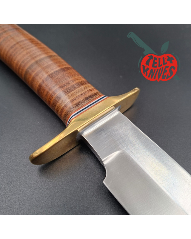 Randall Made Knives Model 14 - 7.5 forged carbon steel 1 brass guard stacked leather handle brown leather sheath
