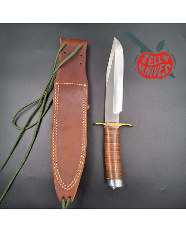 Randall Made Knives Model 14 - 7.5 forged carbon steel 1 brass guard stacked leather handle brown leather sheath