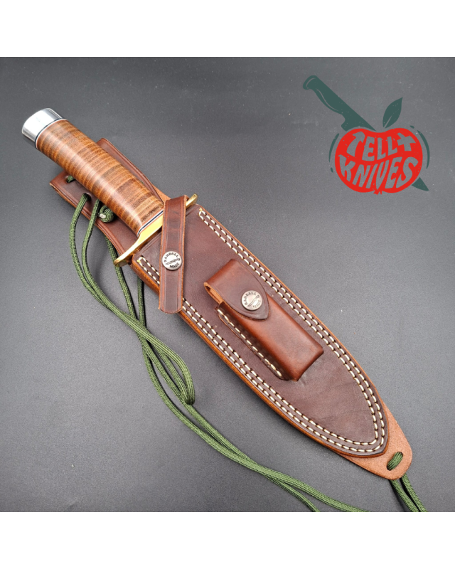 Randall Made Knives Model 14 - 7.5 forged carbon steel 1 brass guard stacked leather handle brown leather sheath