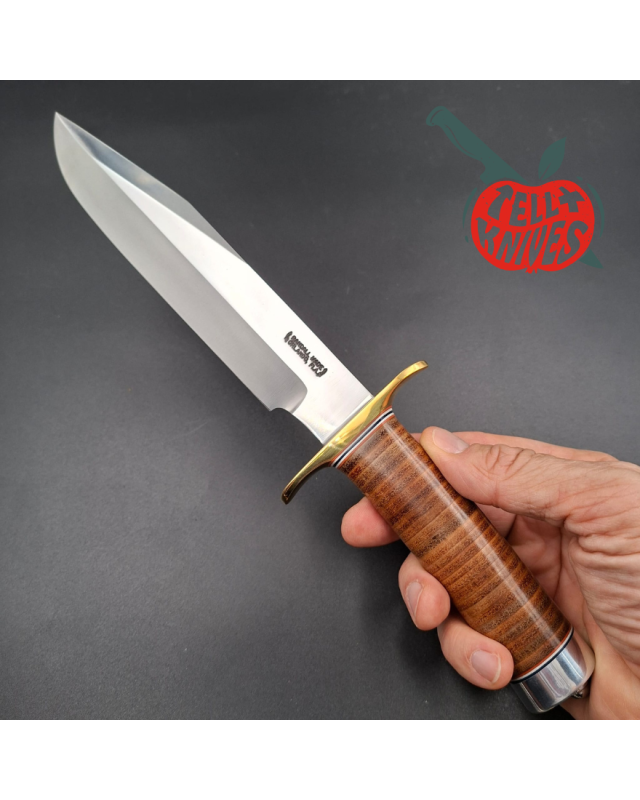 Randall Made Knives Model 14 - 7.5 forged carbon steel 1 brass guard stacked leather handle brown leather sheath