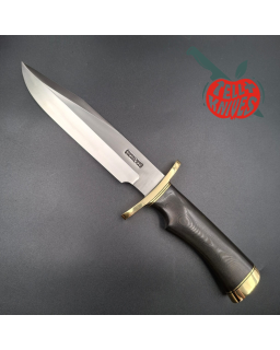 Randall Made Knives Model 14 - 7.5 forged carbon steel brass double forward curved hilt black micarta handle brown leath