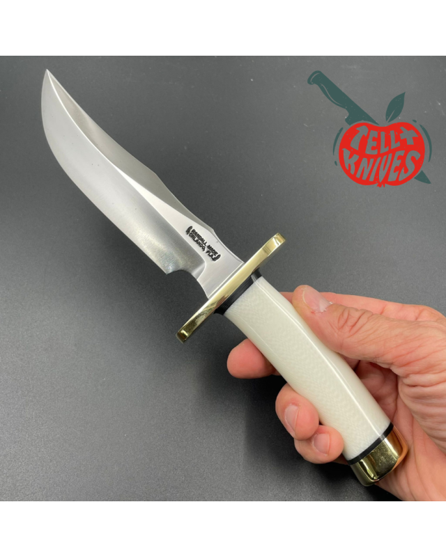 Randall Made Knives Model 4-6F Fighter forged carbon steel white micarta handle brass guard brown leather sheath