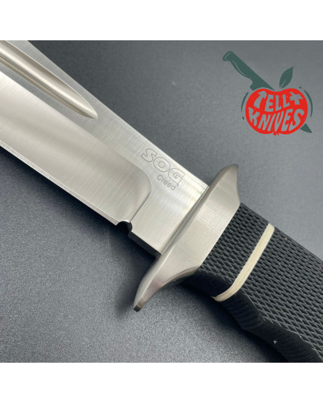 SOG Creed USMC FORCE RECON AUS8 steel satin finish Kraton handle black leather sheath