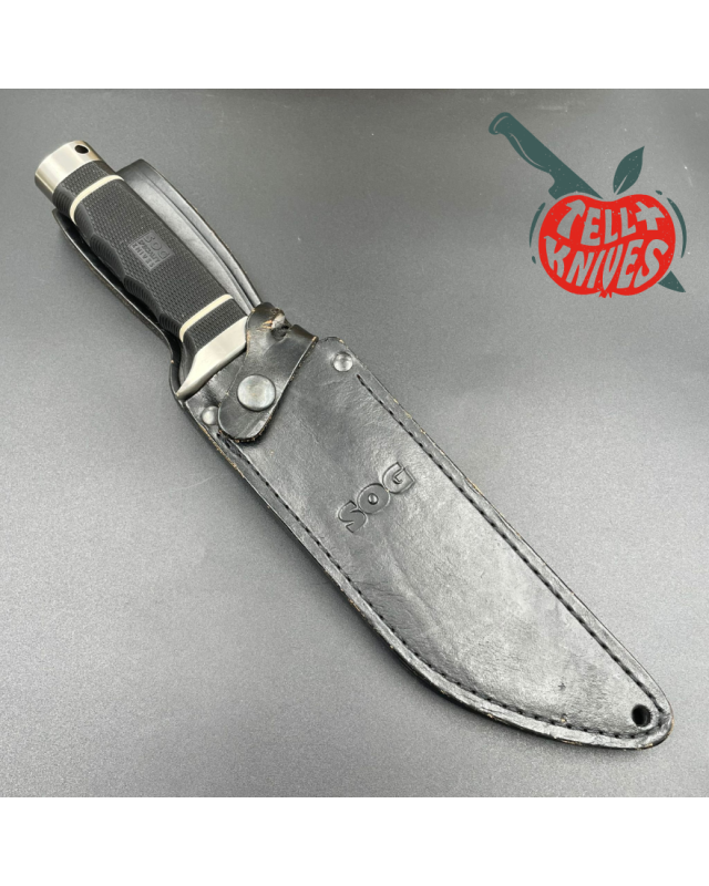 SOG Creed USMC FORCE RECON AUS8 steel satin finish Kraton handle black leather sheath