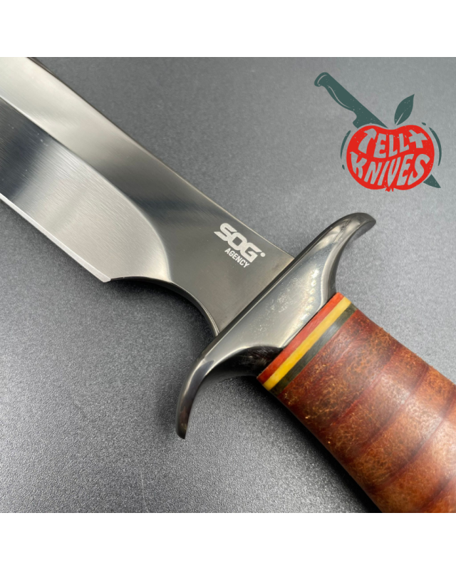 SOG Agency AUS-8 steel TiNi finish blade stacked leather handle black leather sheath