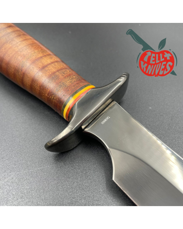 SOG Agency AUS-8 steel TiNi finish blade stacked leather handle black leather sheath