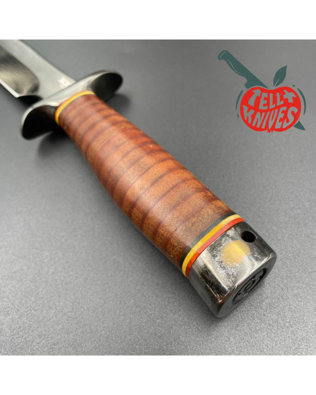 SOG Agency AUS-8 steel TiNi finish blade stacked leather handle black leather sheath