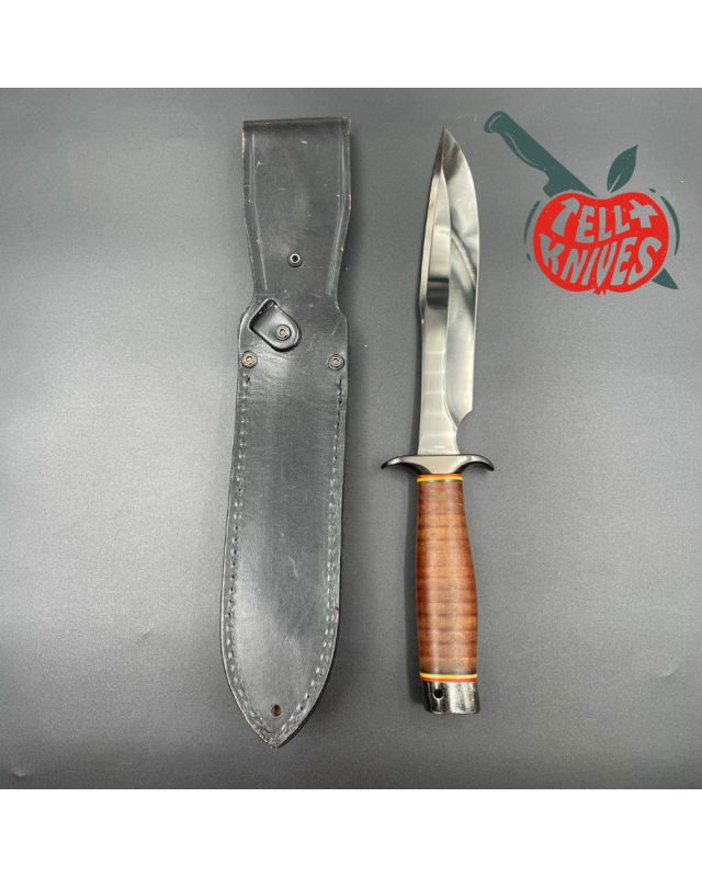 SOG Agency AUS-8 steel TiNi finish blade stacked leather handle black leather sheath