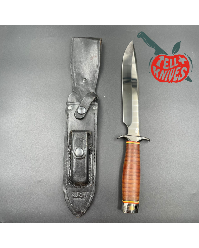 SOG Agency AUS-8 steel TiNi finish blade stacked leather handle black leather sheath