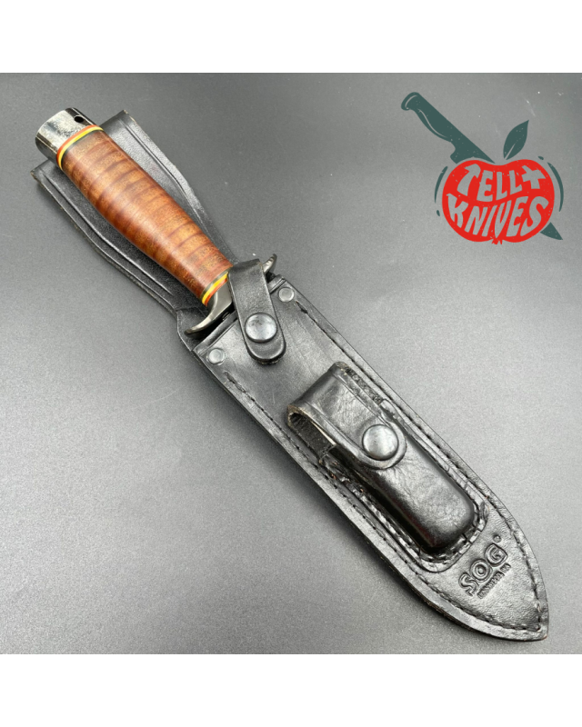 SOG Agency AUS-8 steel TiNi finish blade stacked leather handle black leather sheath