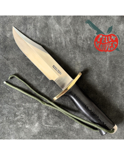 Randall Buxton Fighter Full Tang Stainless steel brass forward curved hilt black micarta handle brown leather sheath