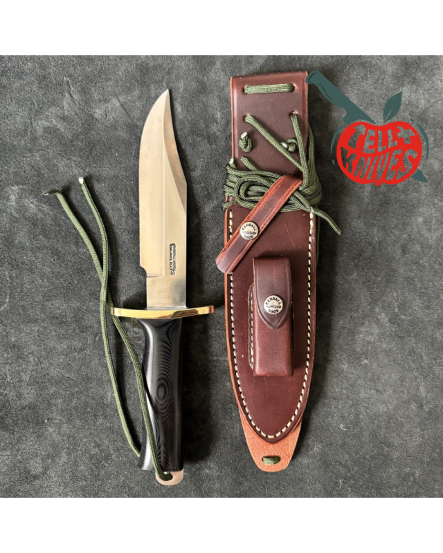 Randall Buxton Fighter Full Tang Stainless steel brass forward curved hilt black micarta handle brown leather sheath