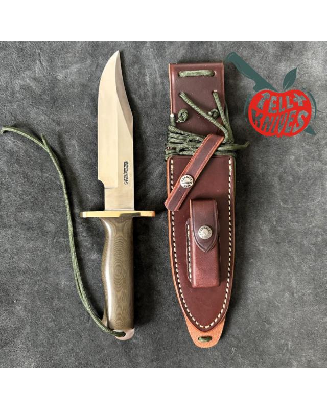 Randall Buxton Fighter Full Tang Stainless steel 14 brass hilt green micarta handle brown leather sheath