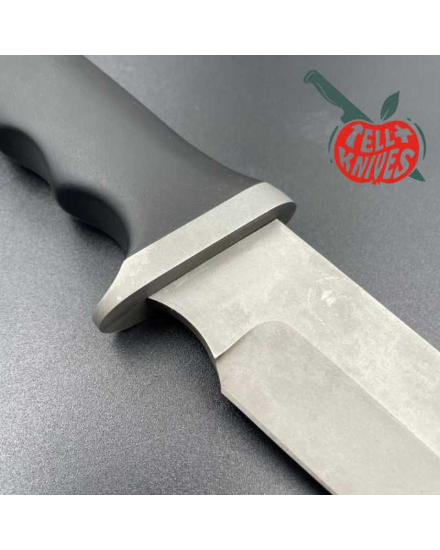 Steve Mullin Pack River Knife Co. Fighter Knife sandblasted finish blade black micarta handle brown leather sheath