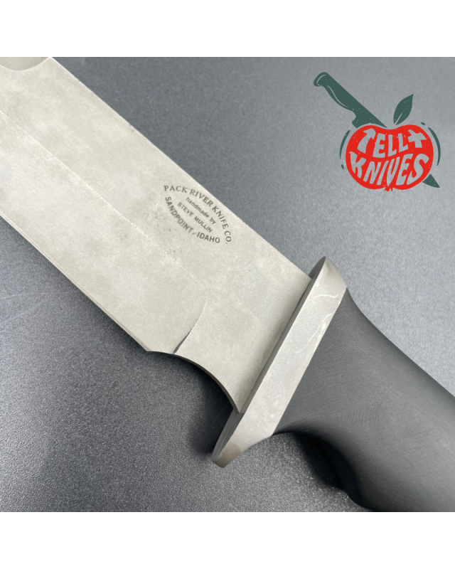 Steve Mullin Pack River Knife Co. Fighter Knife sandblasted finish blade black micarta handle brown leather sheath