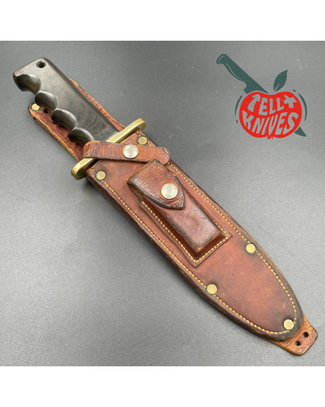 Randall Made Knives Vietnam Era Solingen Model 14 7.5 Humpback forged carbon steel green micarta handle brass hilt brown