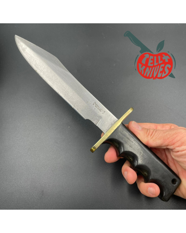 Randall Made Knives Vietnam Era Solingen Model 14 7.5 Humpback forged carbon steel green micarta handle brass hilt brown