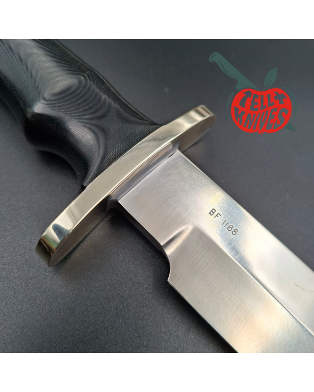 Randall Buxton Fighter Full Tang Stainless steel nickel silver forward curved hilt black micarta handle black leather sh