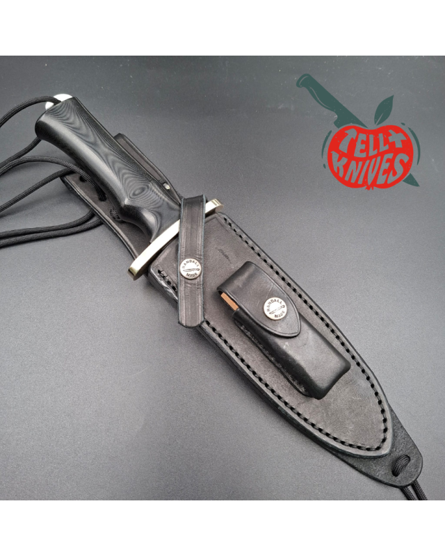 Randall Buxton Fighter Full Tang Stainless steel nickel silver forward curved hilt black micarta handle black leather sh