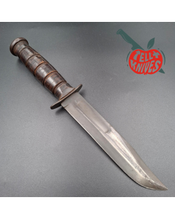 KABAR MK2 Fighting Knife WWII Era black carbon steel blade stacked leather handle gray plastic sheath