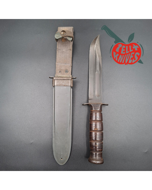 KABAR MK2 Fighting Knife WWII Era black carbon steel blade stacked leather handle gray plastic sheath