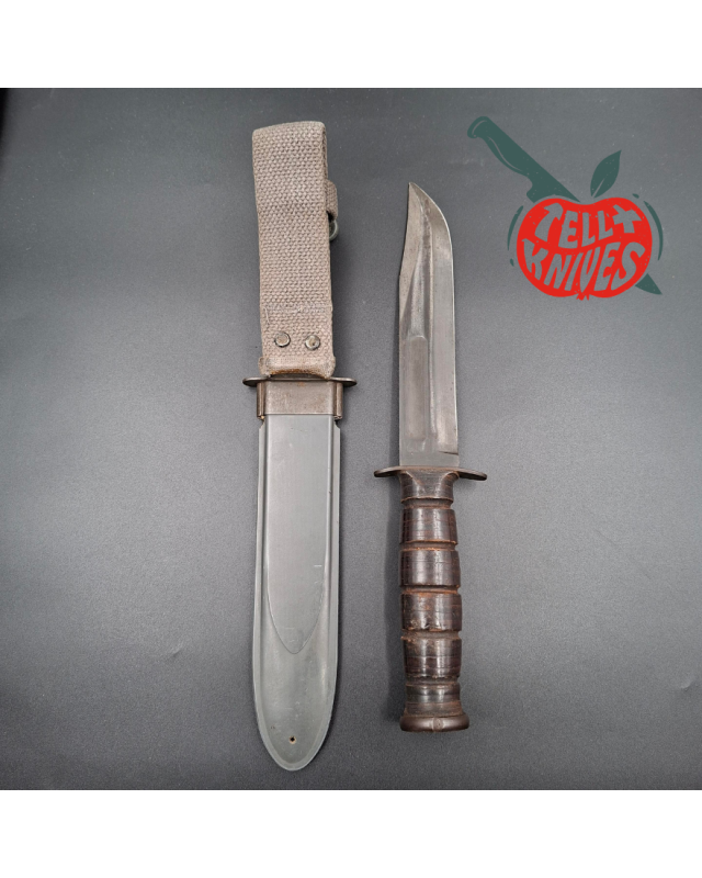 KABAR MK2 Fighting Knife WWII Era black carbon steel blade stacked leather handle gray plastic sheath